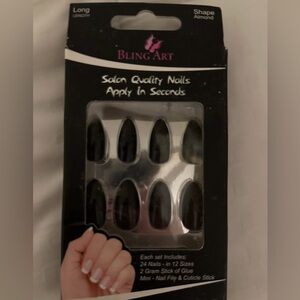 False Nails Bling Art Almond Fake Stiletto Black Acrylic 24 Long Tips with Glue